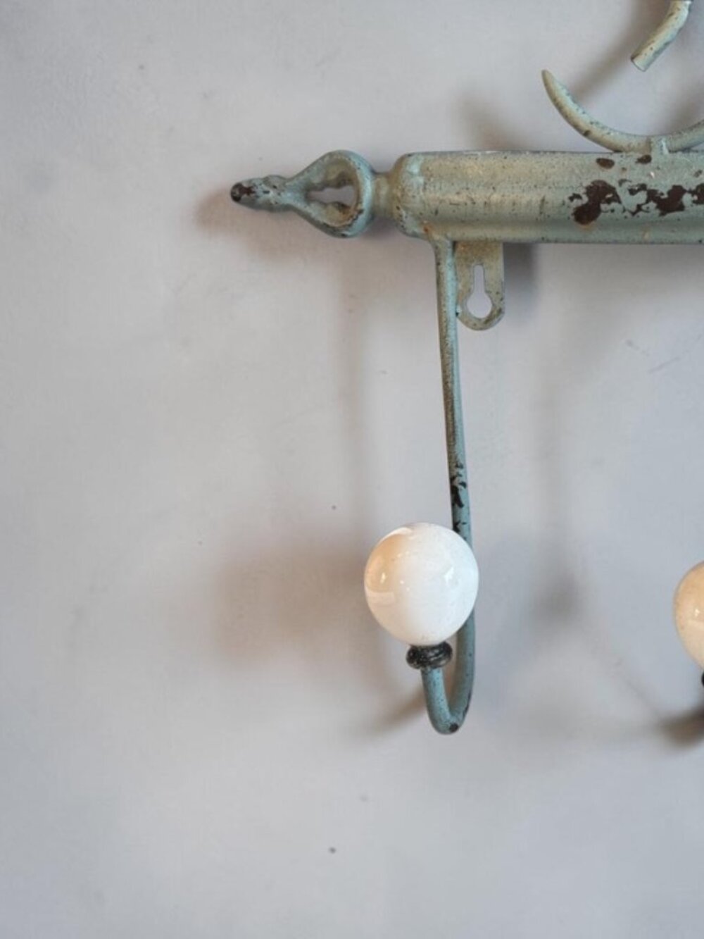 Vintage Shabby Chic Metal Coat Rack 19” Wall Hooks White Ceramic Knobs - Picture 5 of 14
